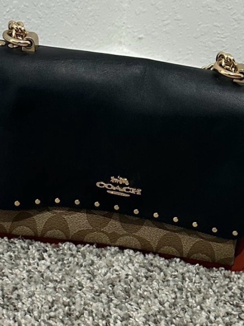 Coach Klare Black Leather & Signature Crossbody Purse Gold Hardware